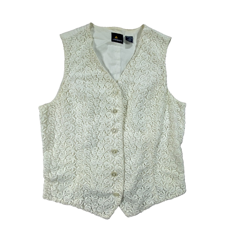 Lizsport Vest Womens 8 White Cotton Floral Lace Boho Belted Back Button Front
